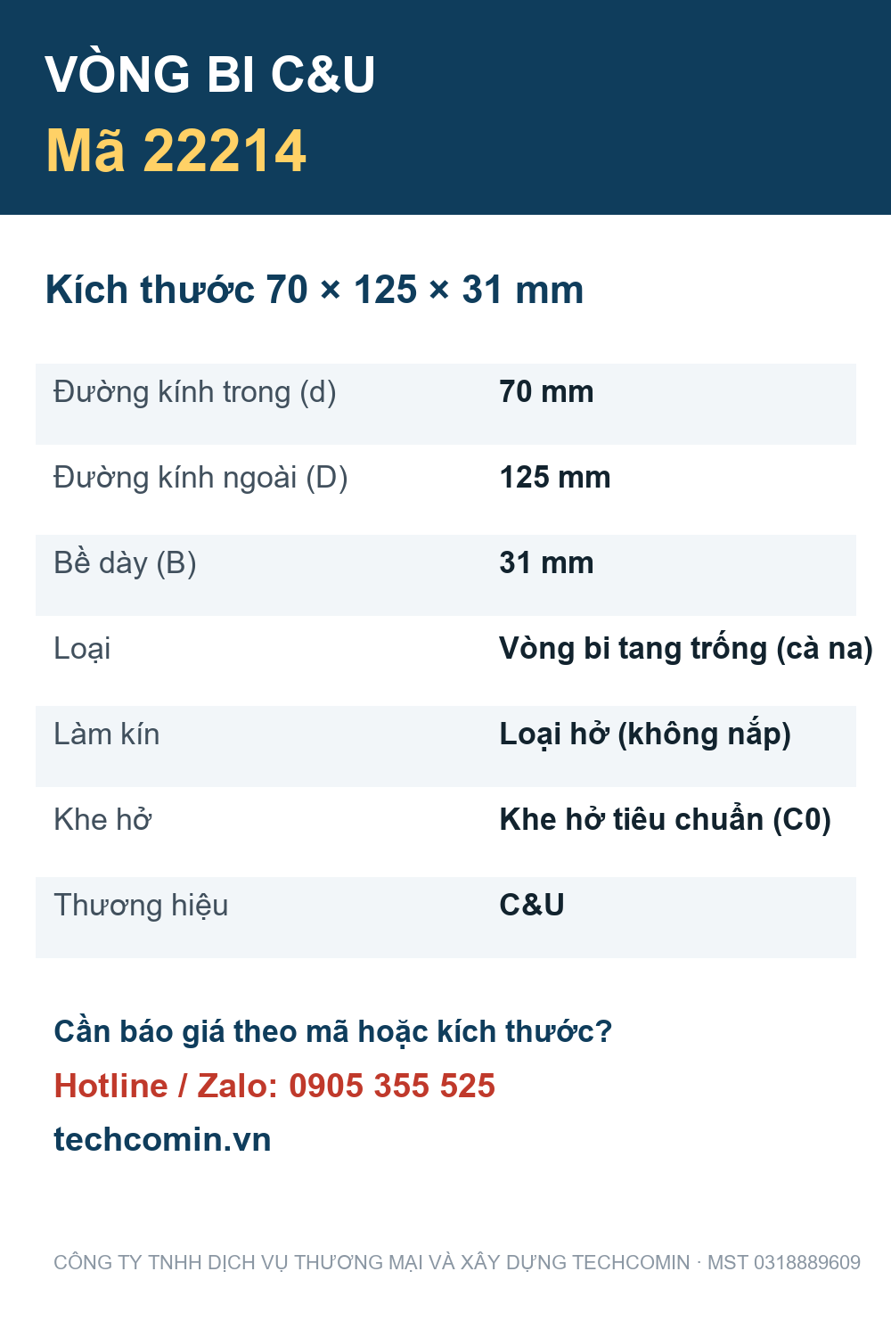 Vòng bi C&U 22214 70x125x31mm — Bảng thông số