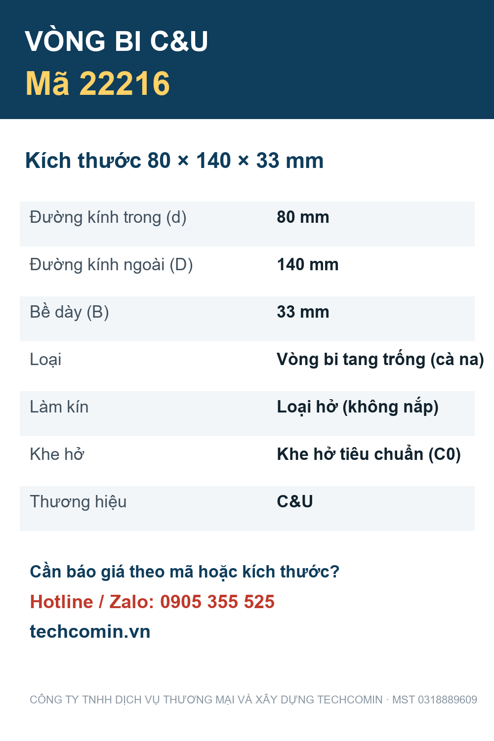 Vòng bi C&U 22216 80x140x33mm — Bảng thông số