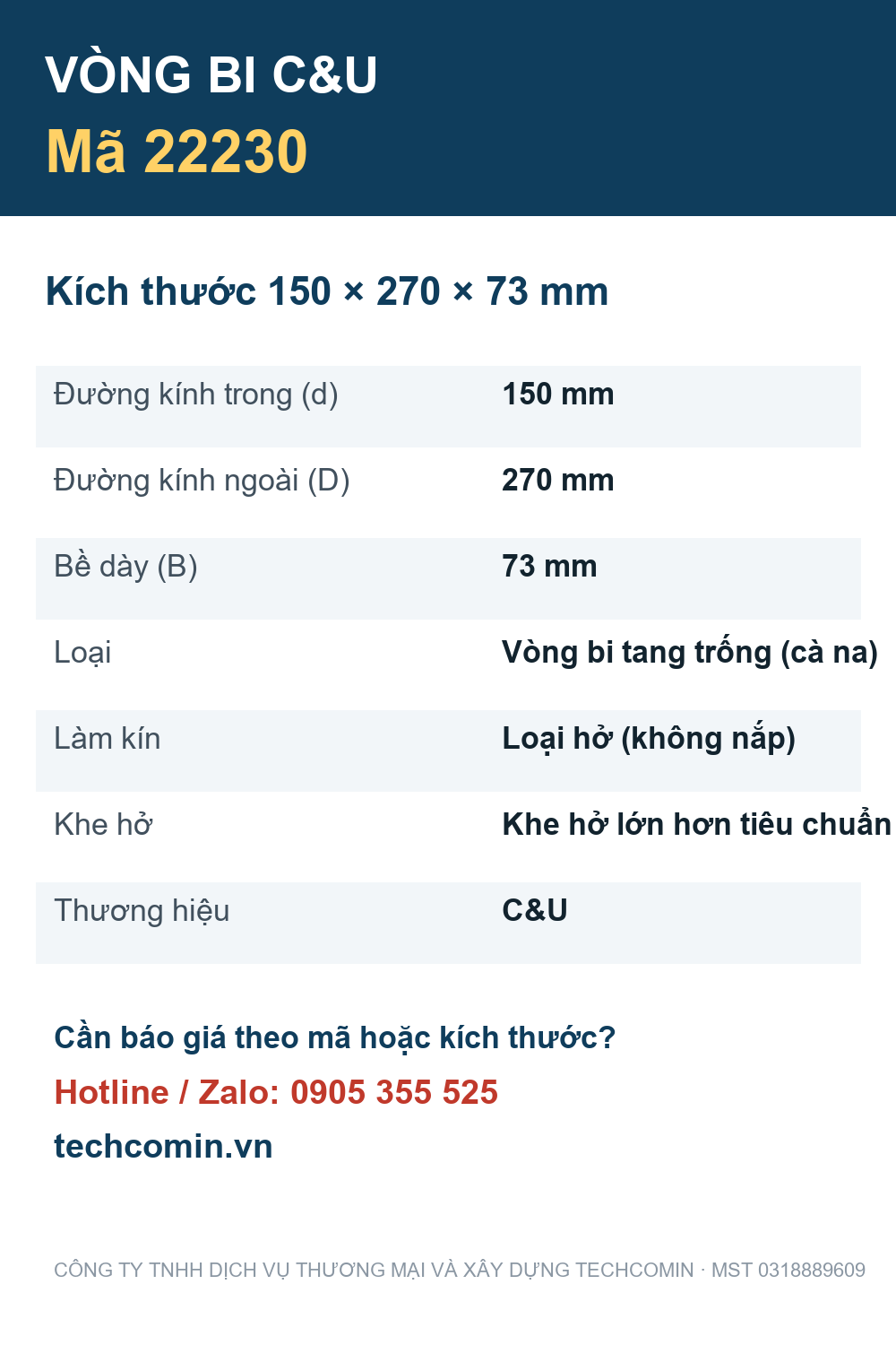 Vòng bi C&U 22230 150x270x73mm — Bảng thông số