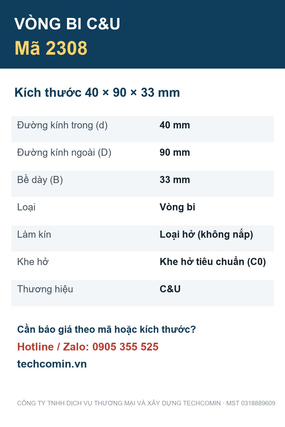 Vòng bi C&U 2308 40x90x33mm — Bảng thông số
