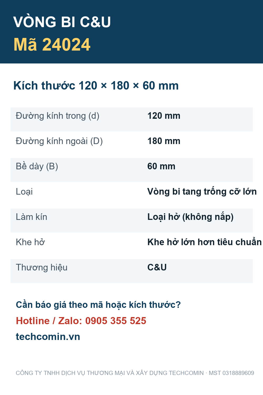 Vòng bi C&U 24024 120x180x60mm — Bảng thông số