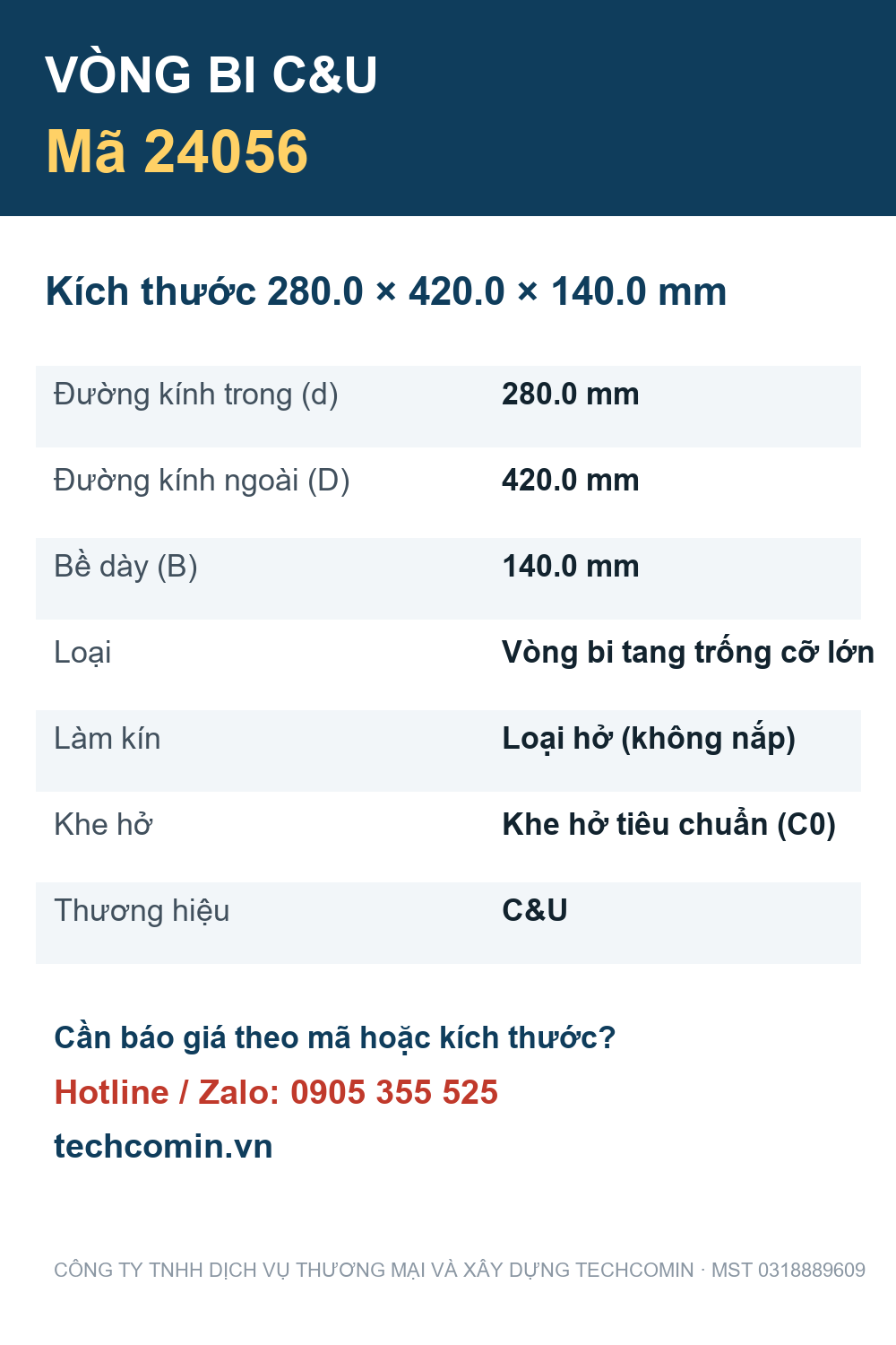 Vòng bi C&U 24056 280.0x420.0x140.0mm — Bảng thông số