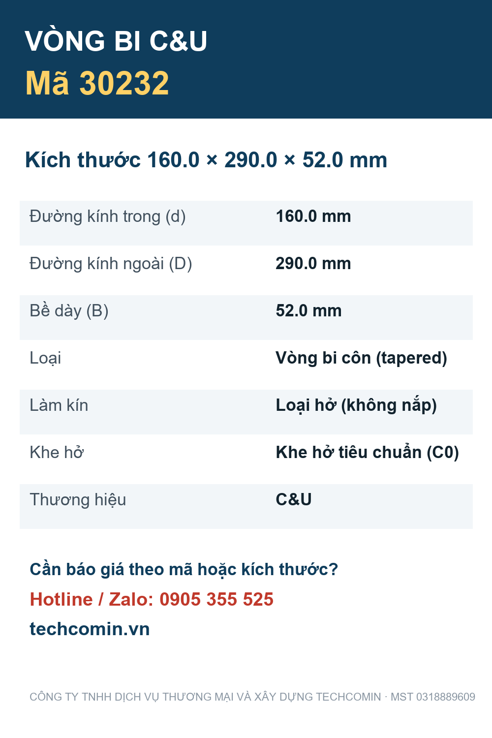 Vòng bi C&U 30232 160.0x290.0x52.0mm — Bảng thông số