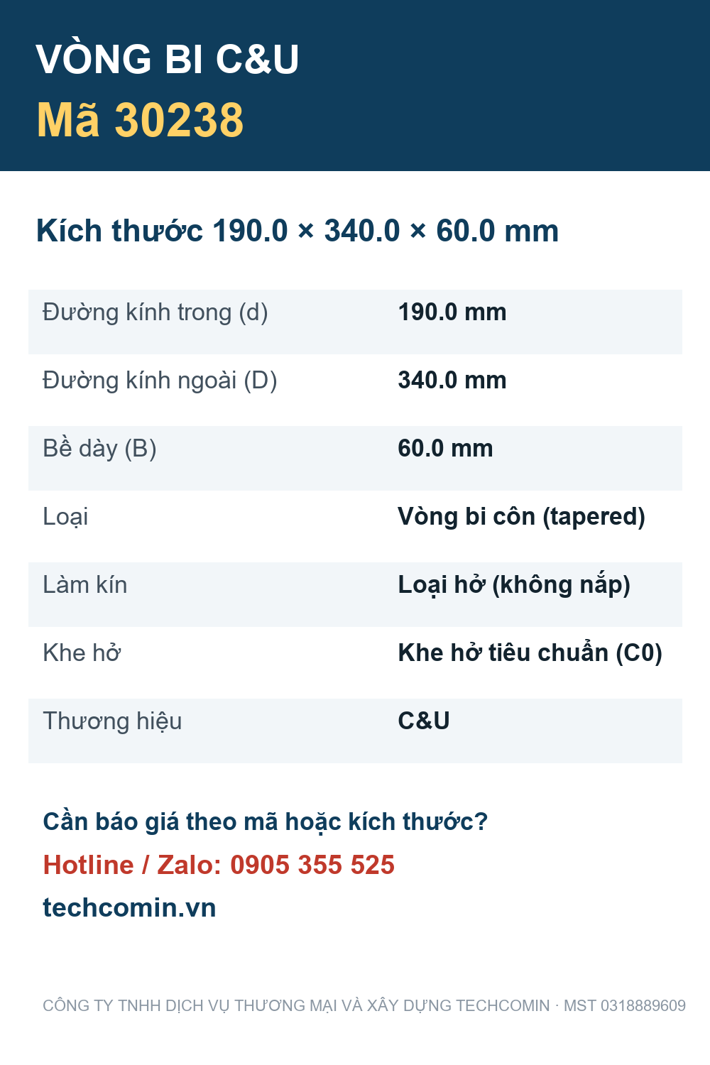 Vòng bi C&U 30238 190.0x340.0x60.0mm — Bảng thông số