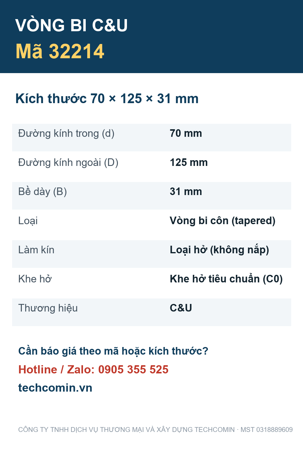 Vòng bi C&U 32214 70x125x31mm — Bảng thông số