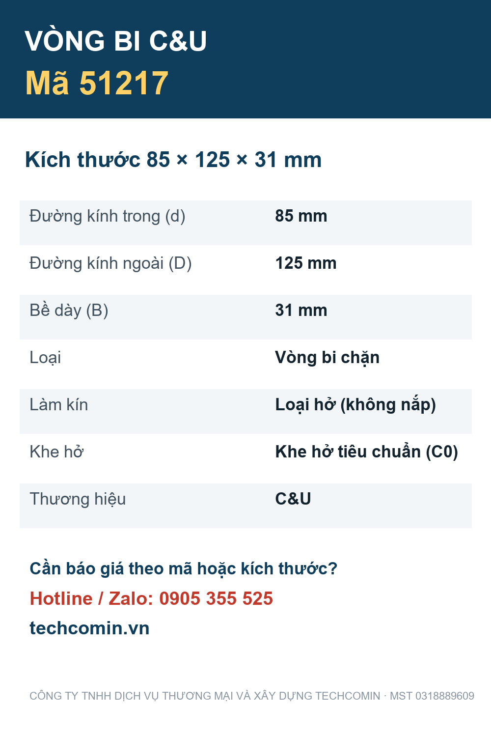 Vòng bi C&U 51217 85x125x31mm — Bảng thông số
