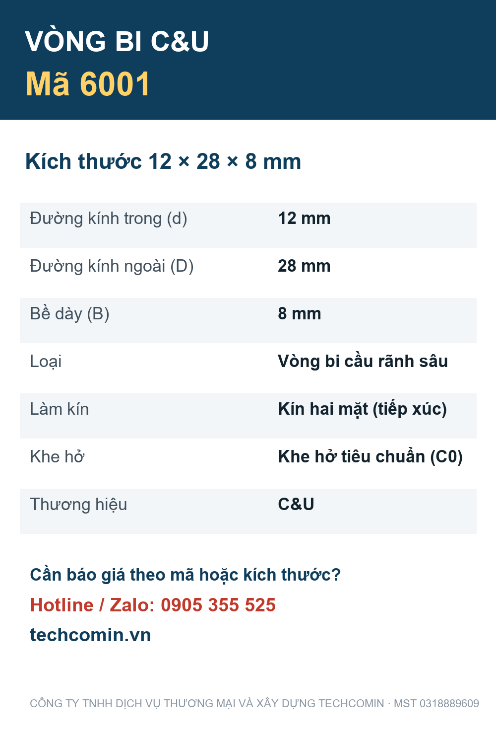 Vòng bi C&U 6001 12x28x8mm — Bảng thông số