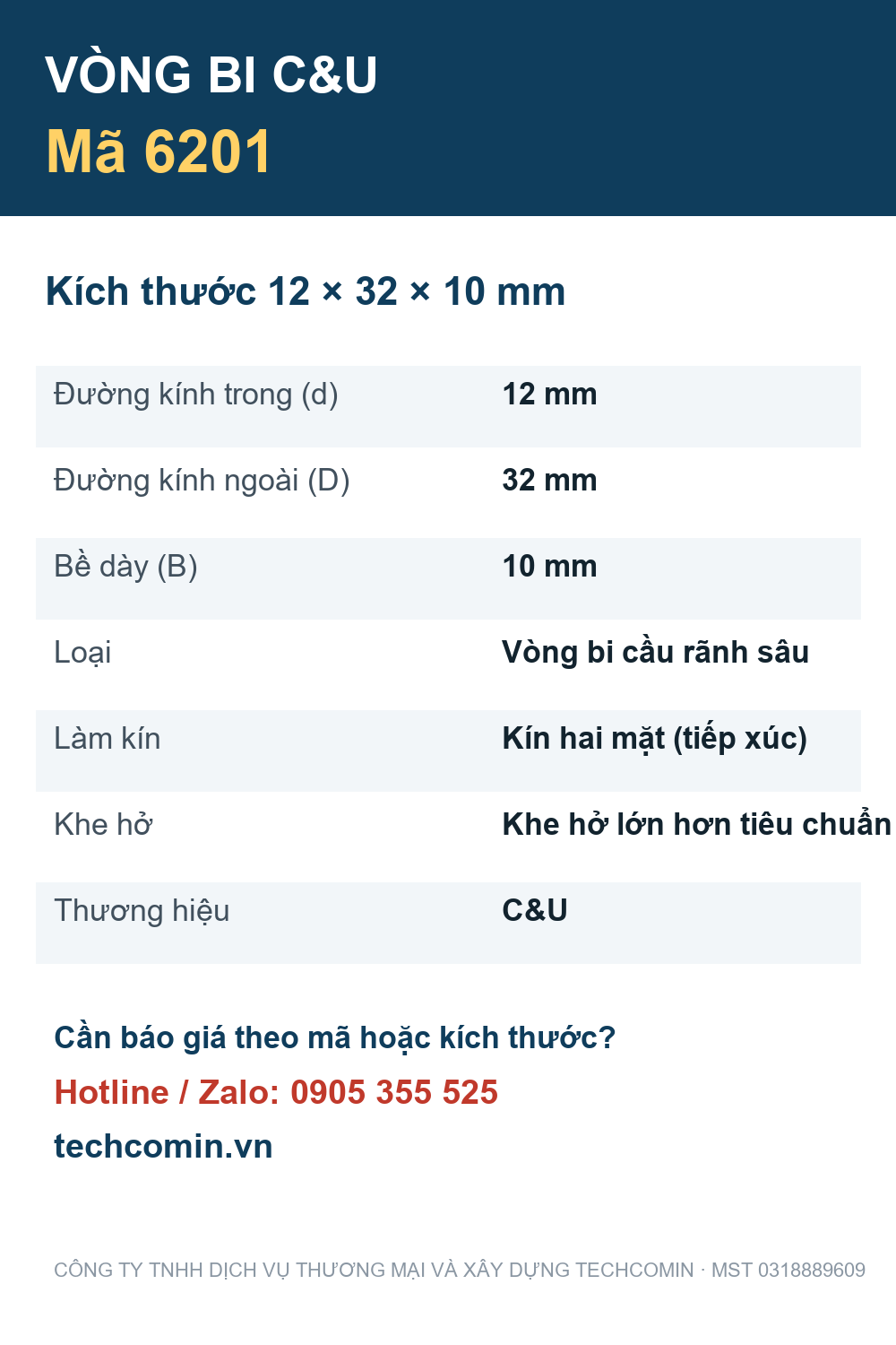 Vòng bi C&U 6201 12x32x10mm — Bảng thông số