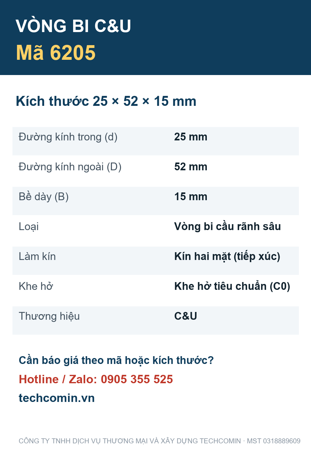 Vòng bi C&U 6205 25x52x15mm — Bảng thông số