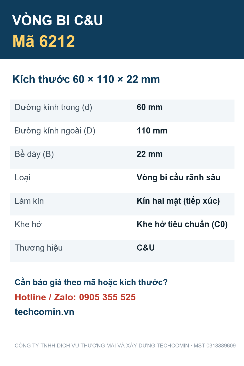 Vòng bi C&U 6212 60x110x22mm — Bảng thông số