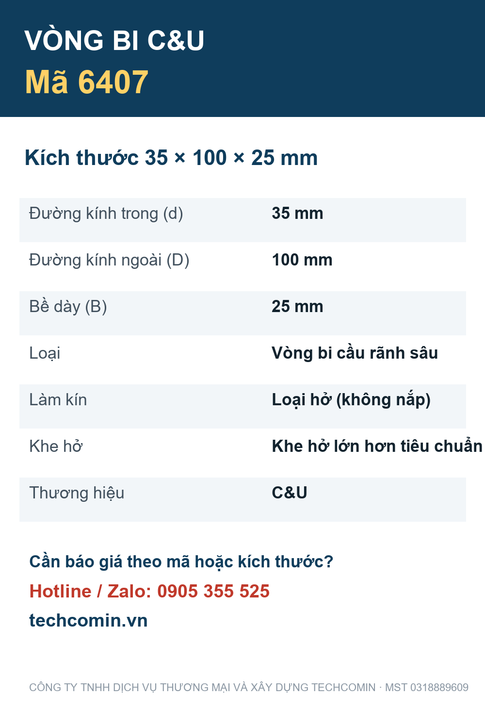 Vòng bi C&U 6407 35x100x25mm — Bảng thông số