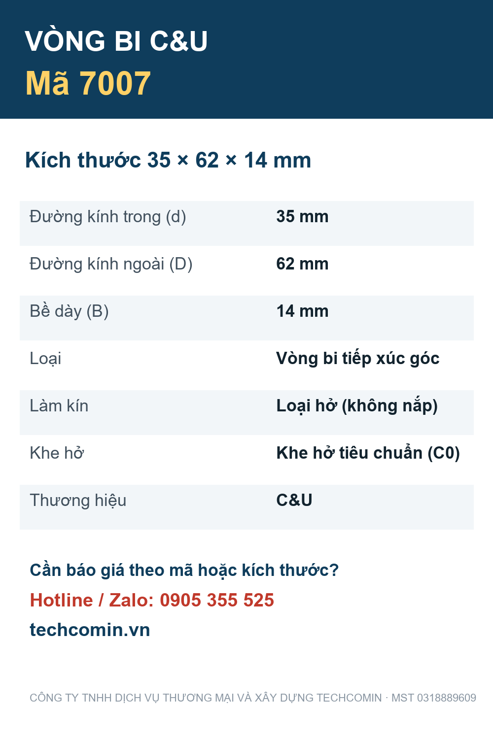 Vòng bi C&U 7007 35x62x14mm — Bảng thông số