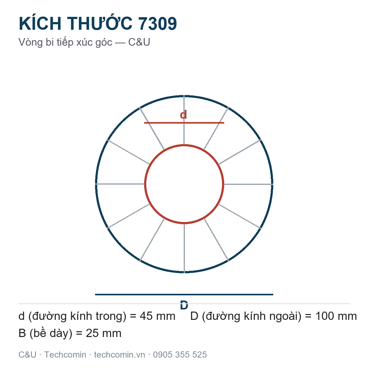 Vòng bi C&U 7309 45x100x25mm — Bản vẽ kích thước