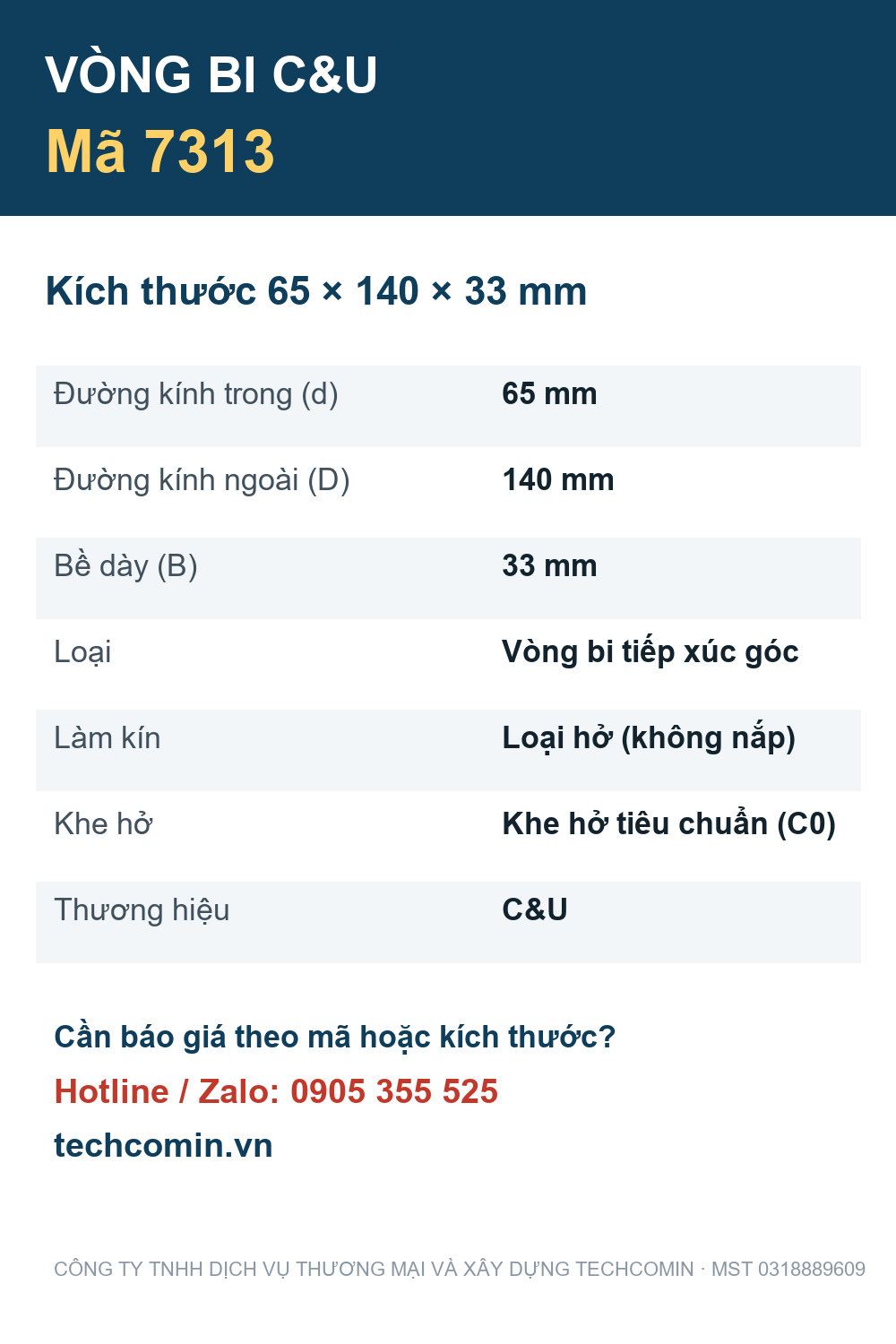 Vòng bi C&U 7313 65x140x33mm — Bảng thông số