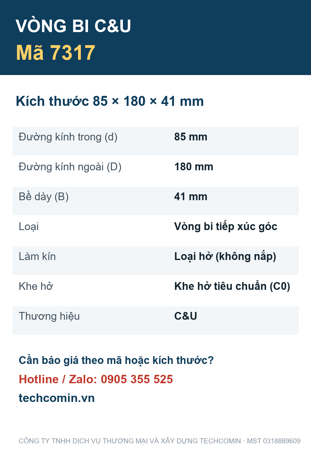 Vòng bi C&U 7317 85x180x41mm — Bảng thông số
