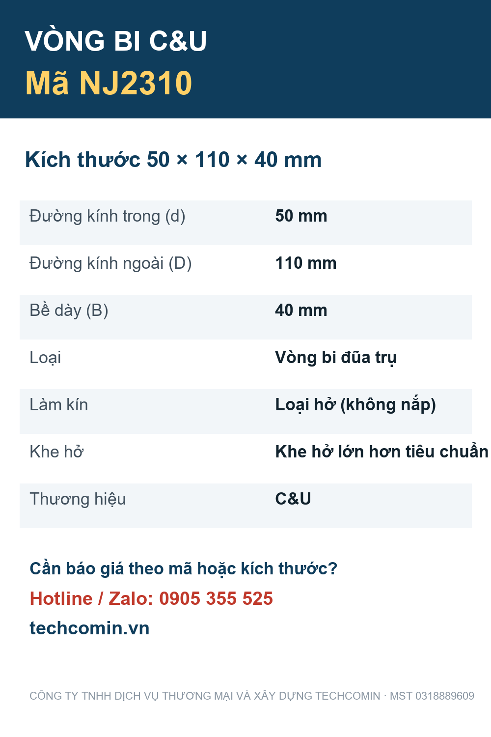 Vòng bi C&U NJ2310 50x110x40mm — Bảng thông số
