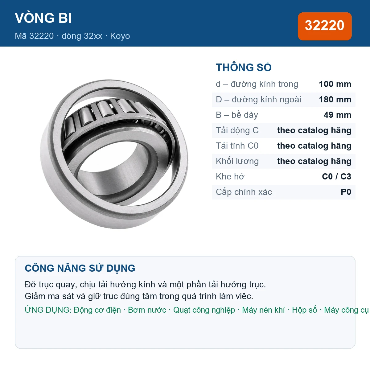 Vòng bi KOYO 32220 — kích thước 100x180x49mm