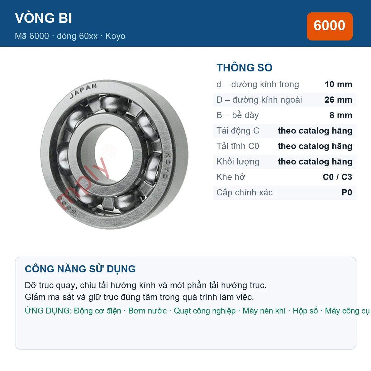 Vòng bi KOYO 6000 — kích thước 10x26x8mm
