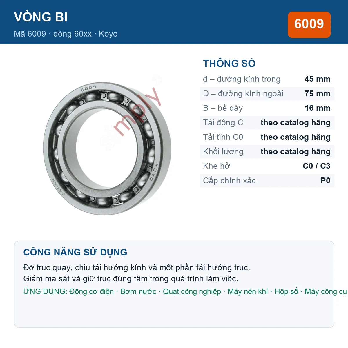 Vòng bi KOYO 6009 — kích thước 45x75x16mm