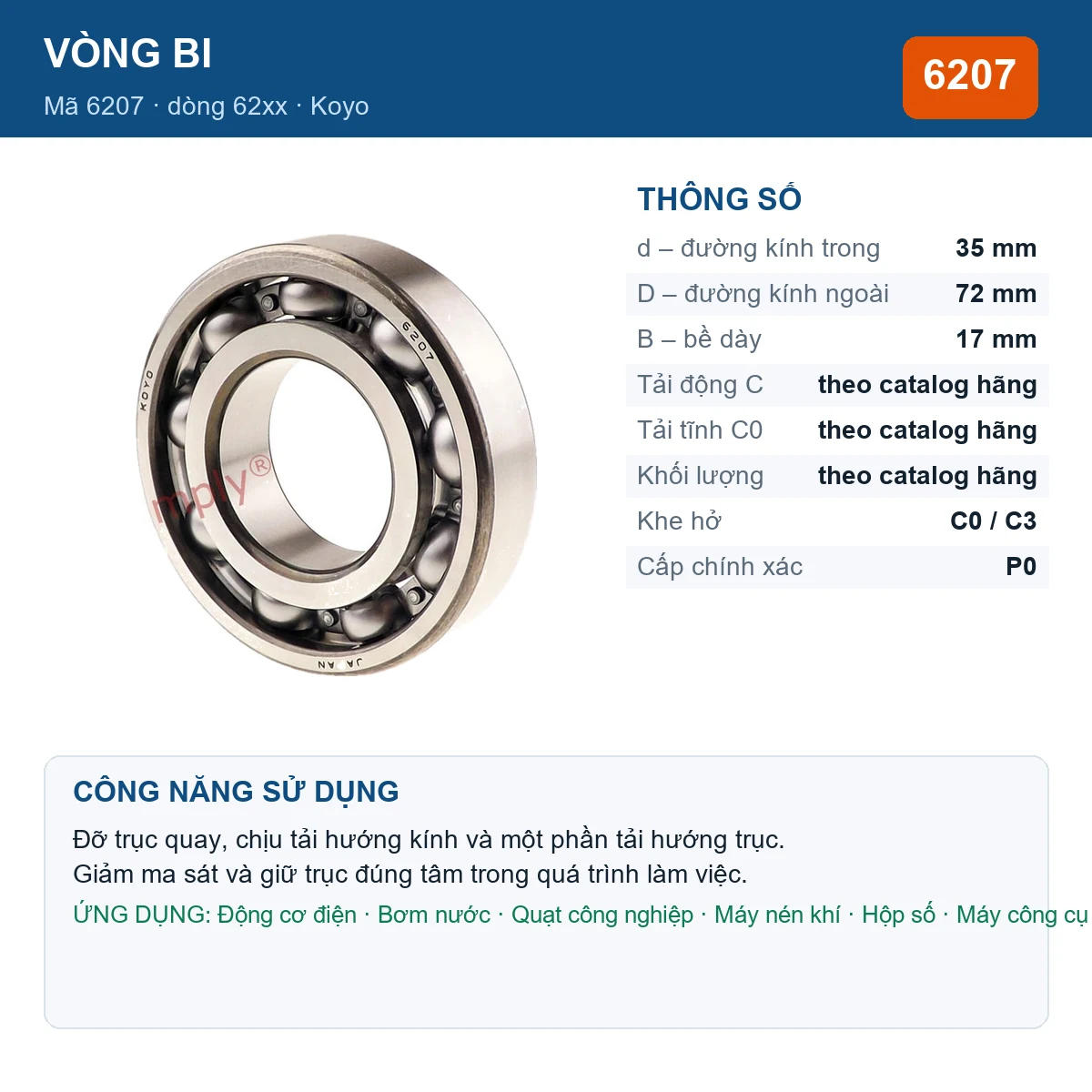 Vòng bi KOYO 6207 — kích thước 35x72x17mm