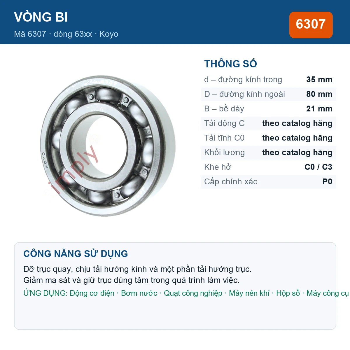 Vòng bi KOYO 6307 — kích thước 35x80x21mm