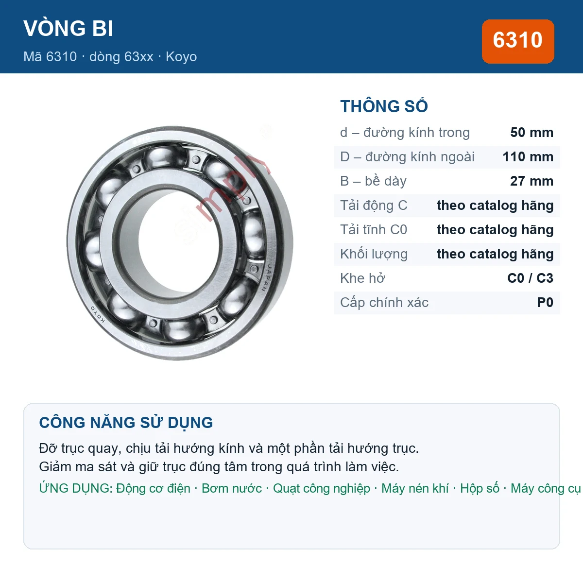 Vòng bi KOYO 6310 — kích thước 50x110x27mm